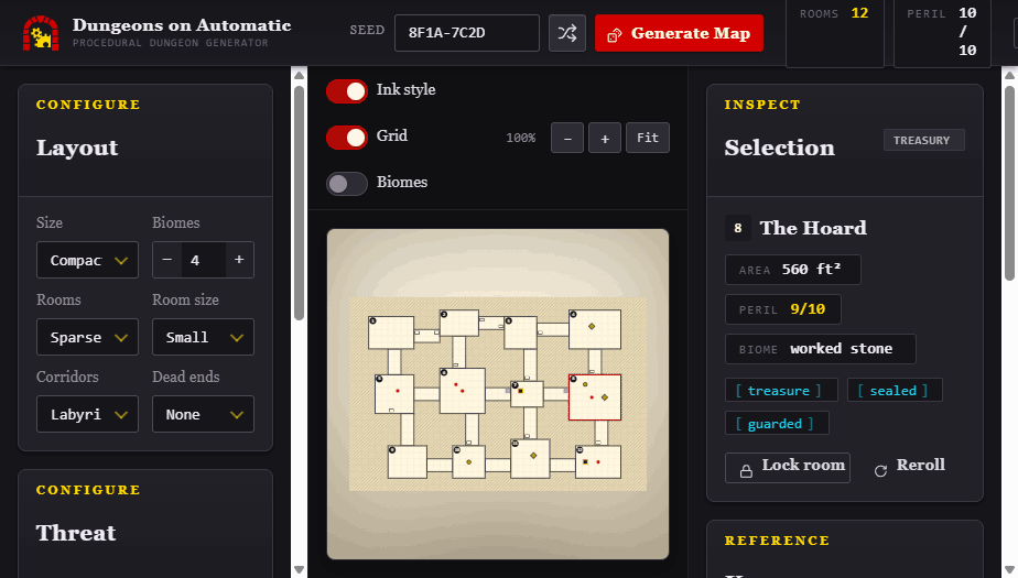 Dungeons on Automatic showing generation controls, a parchment dungeon map, and room inspection notes.